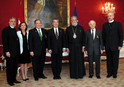 Delegation with President of Austria Dr. Heinz Fischer (Father Alex Karloutsos, Presvytera Xanthi Karloutsos, National Commander Dr. Anthony Limberakis, President of Austria Dr. Heinz Fischer, Metropolitan Michael of Austria, Legal Counselor Archon Christopher Stratakis, and Metropolitan Emmanuel of France, the respresentative of the Ecumenical Patriarchate to the EU)